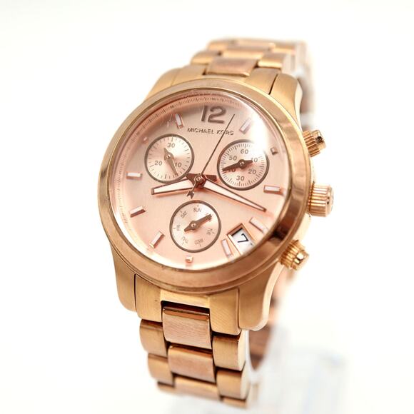 Michael Kors Rose Gold Tone Mecaquartz Chronograph Watch 33mm Date w New Battery - Picture 1 of 15